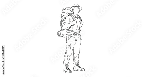 A line drawing depicts a male hiker wearing a hat backpack shorts and boots standing and facing forward with equipment