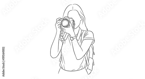 A black and white sketch depicts a young woman holding a camera looking through the viewfinder and wearing a backpack