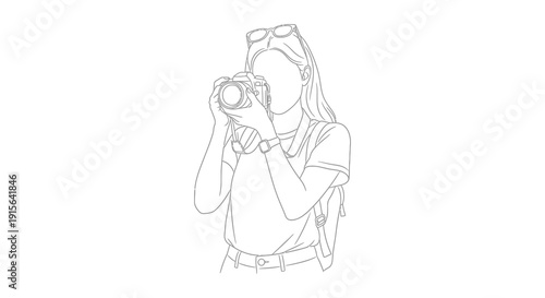 A line drawing depicts a young woman holding a camera seemingly taking a photograph wearing sunglasses and a backpack in a casual pose