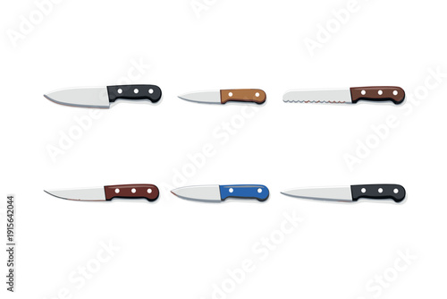 Collection of six different kitchen knives with various blade and handle designs
