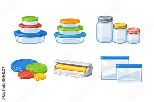 Collection of kitchen storage containers including jars, plastic boxes, and bags