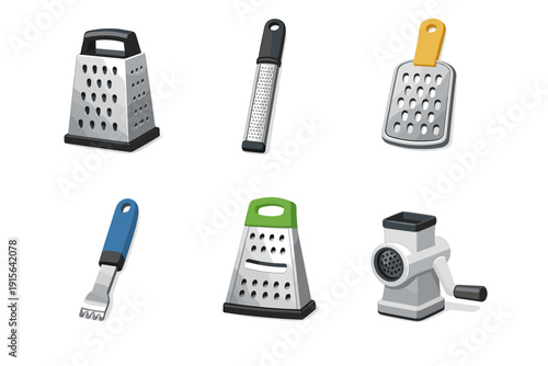 Collection of kitchen graters and a meat grinder on a white background