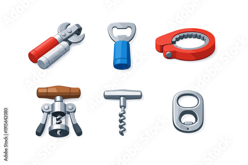 Collection of various bottle openers and corkscrews on a white background