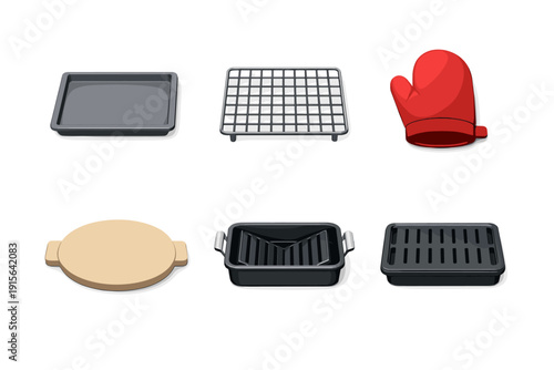 Collection of baking and roasting kitchenware items and oven mitt
