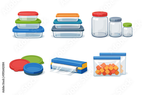 Collection of kitchen storage containers including jars, plastic boxes, and bags