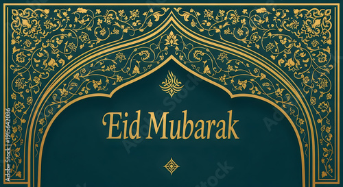 Eid mubarak greeting card with intricate gold design