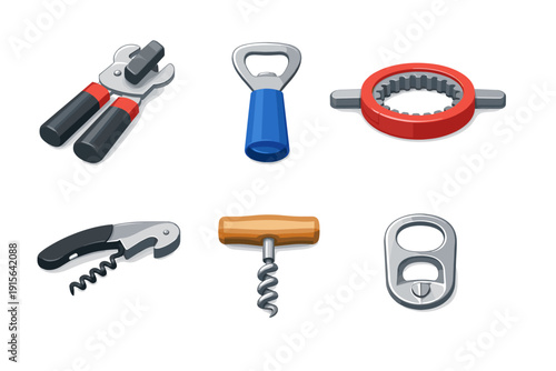 Collection of various bottle openers and corkscrews on a white background
