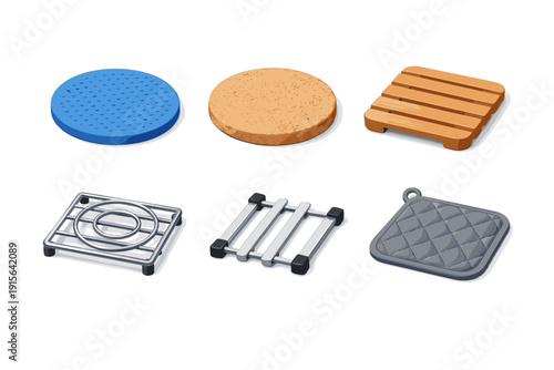 Collection of six different kitchen trivets and pot holders for hot dishes