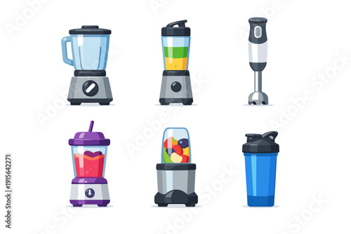 Collection of various kitchen blenders and smoothie makers in a flat design style