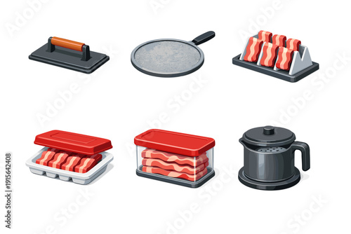Collection of kitchen tools and ingredients for cooking bacon and meat