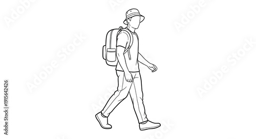A black and white line drawing depicts a person walking with a backpack wearing a hat and casual clothing in a side profile