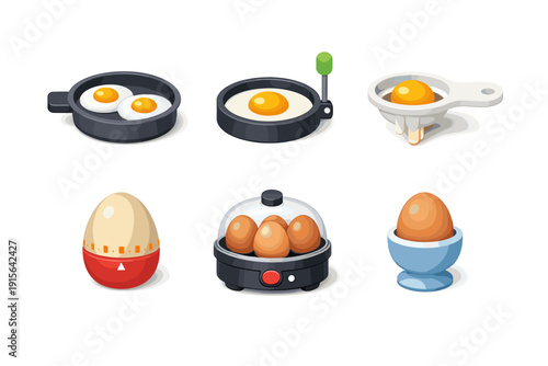 Collection of cartoon-style kitchen tools for preparing eggs and timers