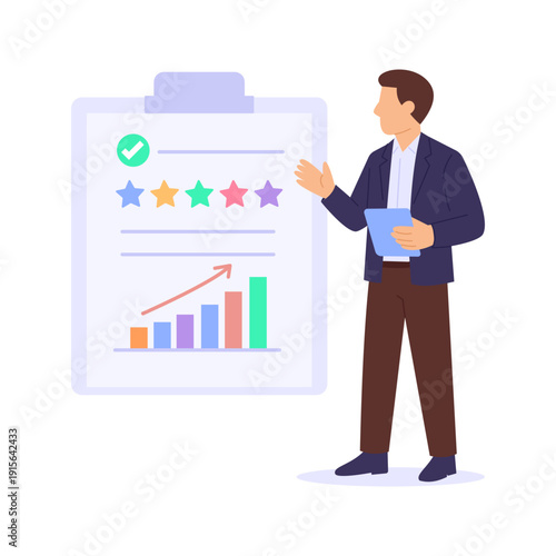 Leadership Evaluation, assessing guidance influence and decision making, Flat vector character illustration