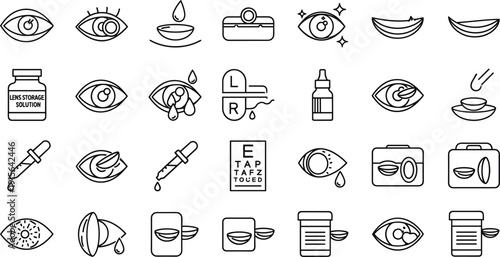 Vector illustration set of 28 icons for contact lenses, eye drops, solution bottles, and vision testing equipment।