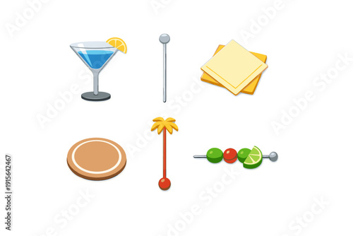 Colorful cocktail and bar accessory icons with stirrers, skewers, coaster and napkins