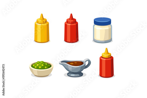 Collection of condiments and sauces in cartoon style, perfect for food illustration