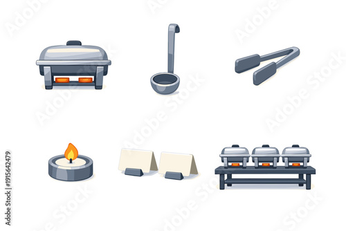 Collection of cartoon-style catering and buffet service icons for events