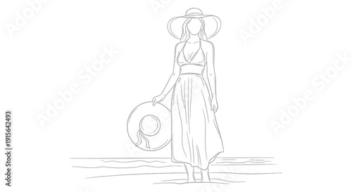 A black and white sketch depicts a woman in a summer dress and large sun hat standing on a beach holding a straw
