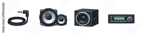 Collection of audio equipment including speakers, subwoofer, and car stereo receiver