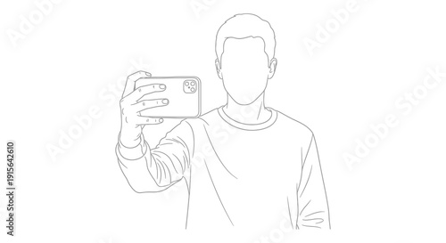 A black and white line drawing depicts a person holding a smartphone likely taking a selfie with a casual relaxed posture