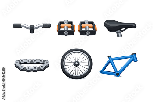 Collection of bicycle parts including handlebars, pedals, seat, chain, wheel, and frame