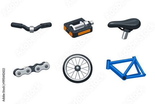 Collection of bicycle parts including handlebars, pedals, seat, chain, wheel, and frame
