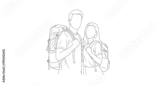 A line drawing depicts a man and woman both wearing backpacks standing closely together on what appears to be a hiking or travel