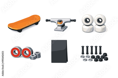 Skateboard parts laid out for assembly: deck, trucks, wheels, bearings, hardware
