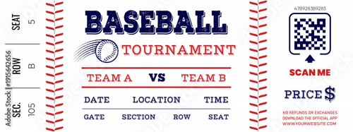 Baseball tournament ticket template with red stitching borders. Vector vintage admission pass design with QR code. Sport event paper coupon illustration. Baseball ticket illustration