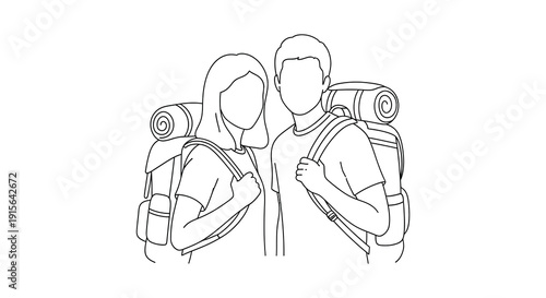 A black and white line drawing depicts a couple with backpacks likely hikers standing together and facing forward with a sense of adventure