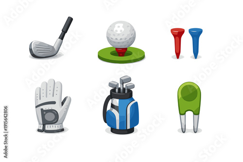 Collection of golf equipment icons including club, ball, tees, glove, bag, and divot tool