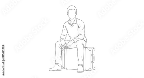 A monochrome line drawing depicts a man seated on a large rectangular suitcase appearing relaxed and contemplative in a casual pose