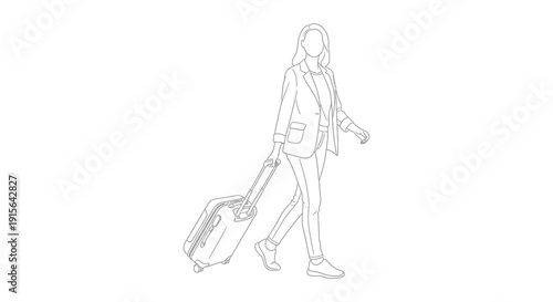A black and white line drawing depicts a woman in a blazer and trousers walking with a wheeled suitcase seemingly in transit