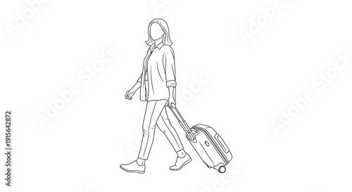 A black and white line drawing depicts a woman walking forward pulling a rolling suitcase dressed in casual clothing and shoes