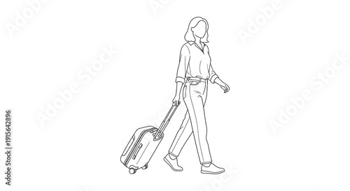 A black and white line drawing depicts a woman walking forward pulling a suitcase suggesting travel or a journey with a minimalist aesthetic