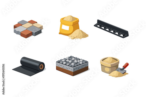 Construction materials for paving and landscaping projects, isometric view