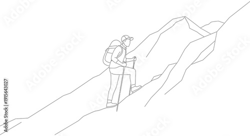 A linear drawing depicts a hiker with a backpack and walking stick ascending a steep rocky mountain slope under a bright sky