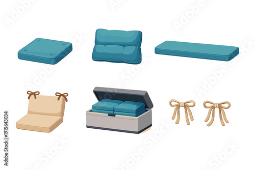 Collection of cartoon-style cushions, pillows, and decorative bows on a white background