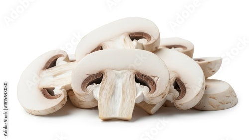 Fresh button mushrooms, sliced white champignons on white background