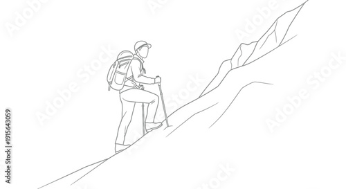 A black and white line drawing depicts a hiker ascending a steep rocky mountain slope using a walking stick for balance and support