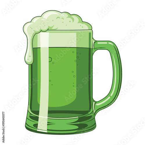 Cartoon style glass beer mug filled with green frothy drink for St. Patrick’s Day celebration isolated on white background