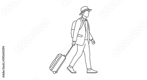 A monochrome line drawing depicts a man in a suit and hat walking with a suitcase and backpack seemingly traveling