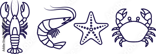 Cartoon lobster claws segmented body, shrimp curved antennae legs, starfish five arms circular patterns, crab broad body claws, marine animal illustration set