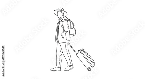 A black and white line drawing depicts a person walking away with a backpack and rolling suitcase suggesting travel or departure