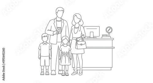 A black and white line drawing depicts a family of four checking in at a reception desk possibly at a hotel or office