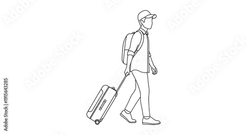 A monochrome line drawing depicts a man walking away pulling a rolling suitcase wearing a cap and a casual shirt viewed from the
