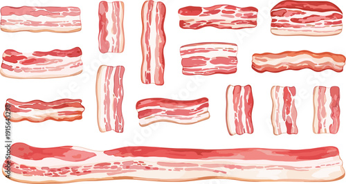 Vector illustration set of 13 raw bacon slices and pork meat strips for cooking, breakfast, and food design।