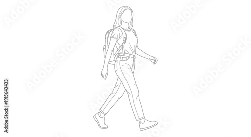 A black and white line drawing depicts a young woman walking forward with a backpack wearing casual clothing and a belt