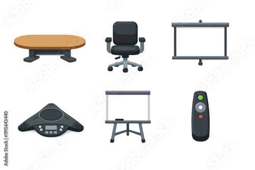 Modern office meeting room equipment including a conference table, chair, and projector screen