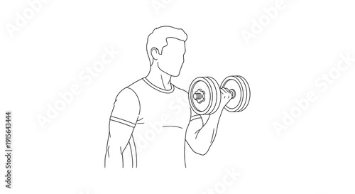 A black and white line drawing depicts a muscular man performing a bicep curl exercise with a dumbbell in a gym setting